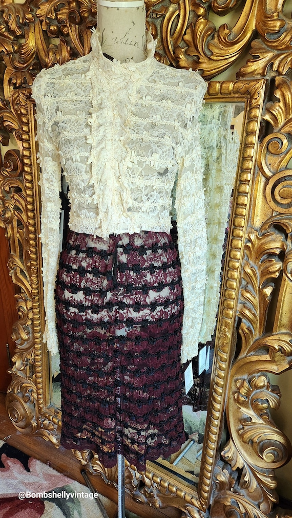 Vintage 60's Cream and Burgundy Lace and Ribbon Dr