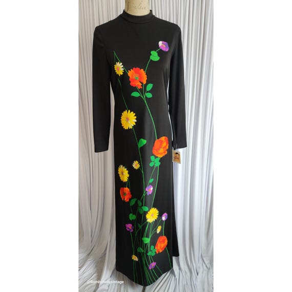 black knit dress with flowers Vintage 60's Lilli Diamond Mod Floral Applique Maxi black dress with flowers on top