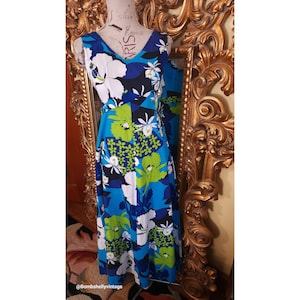 Vintage 60's Hukilau Fashions Blue & Green Mod Floral Hawaiian Barkcloth Maxi Dress