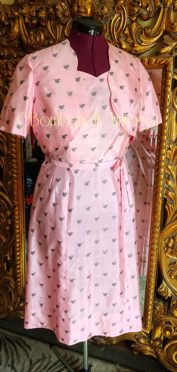 Vintage 50's Light Pink Paisley Silk Dress and Bol