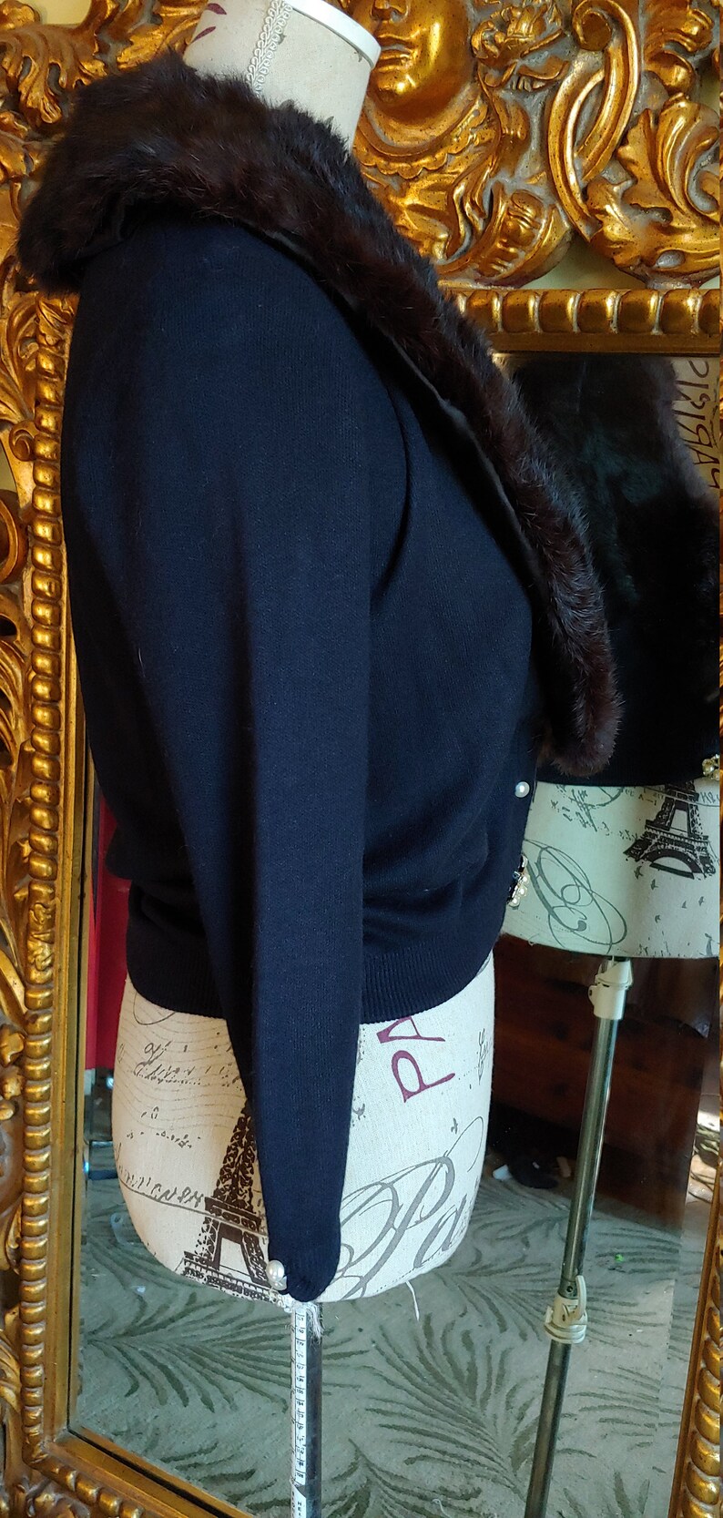 Beautiful 1950/'s Black Orlon Sweater With Rabbit Fur Collar