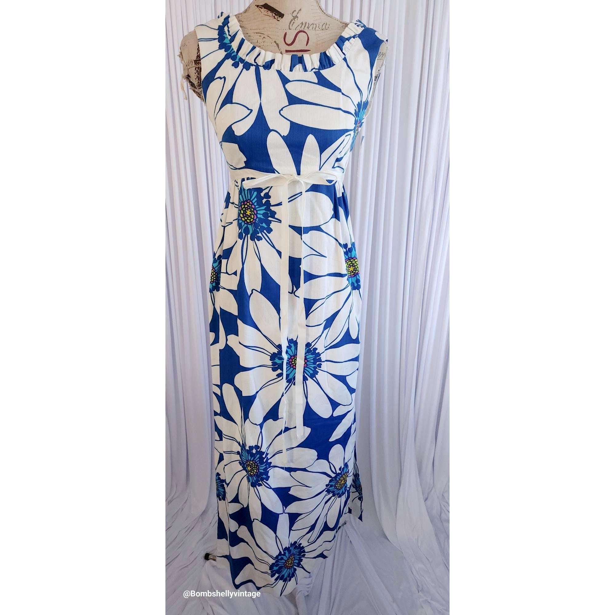 Vintage 60's Tropicana Originals Hawaii Mod Blue and White Daisy Print Maxi Dress Vintage 60's Tropicana Originals Hawaii Mod Blue and White Daisy Print Maxi Dress