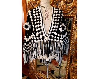 Vintage 60's Black and White Hand Crochet Granny Fringed Poncho with 3D Flowers
