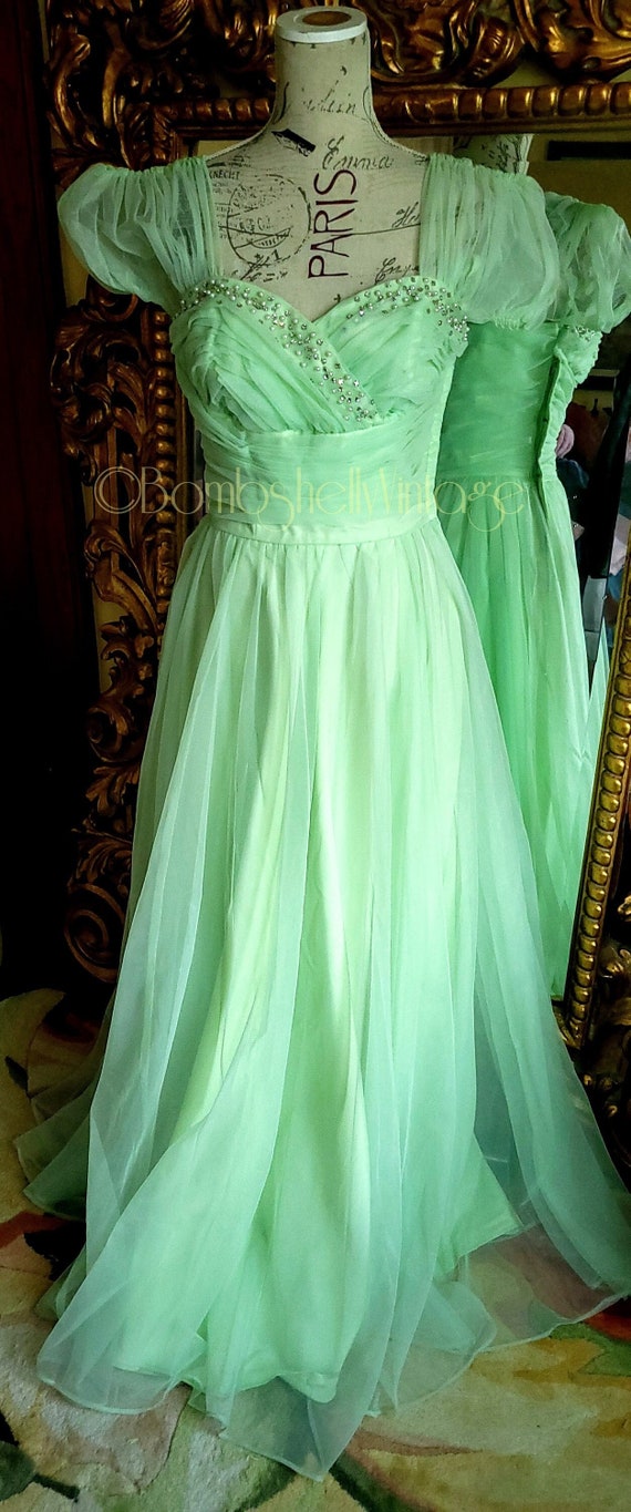 Vintage 50's Emma Domb Mint Green Chiffon Gown wit