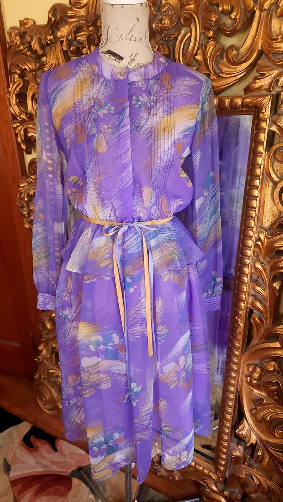 Vintage 70's Jer Purple Floral Chiffon Peplum Dres