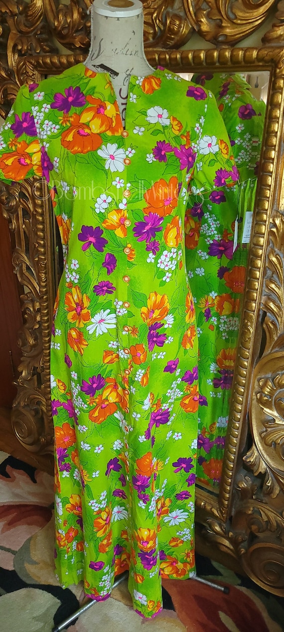 Vintage 60's Lime Green Floral Barkcloth Maxi Dres