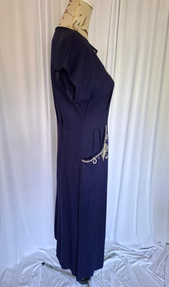 Vintage 40's Navy Blue Linen Embroidered Dress wi… - image 2