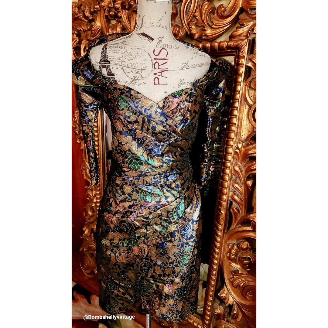 Vintage 80's Victor Costa Saks Fifth Avenue Metalic Jewel Toned Brocade Cocktail Dress with Huge Portrait Collar and Pleating