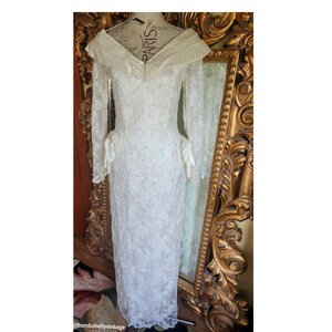 Vintage Early 80&#39;s Ivory Beaded Lace Gown with Satin Details and Detachable Train