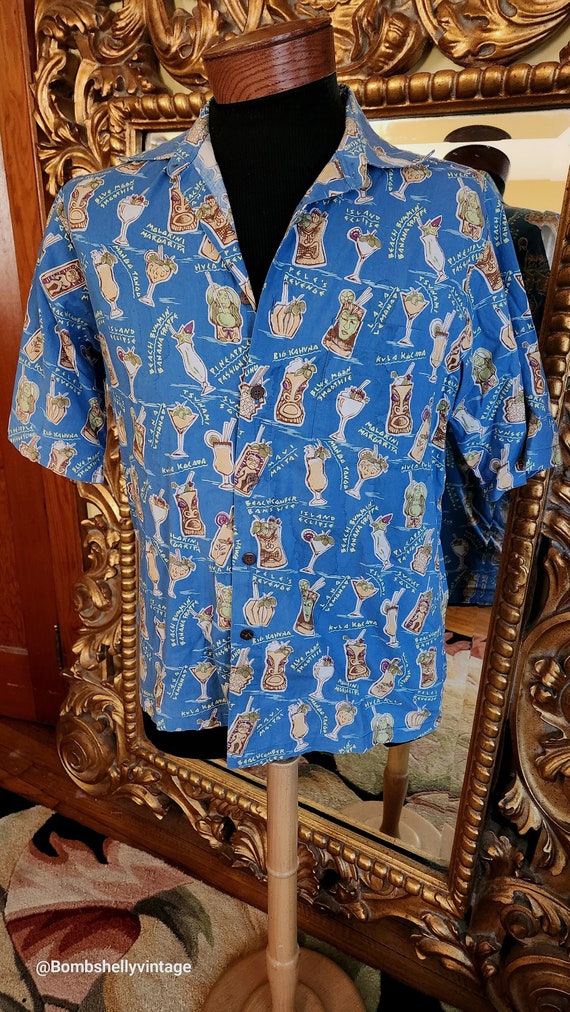 vintage Mens' Reyn Spooner Blue Tiki Cocktail Shir