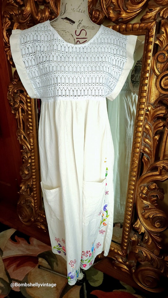 Vintage 70's Hand Painted White Cotton Dress