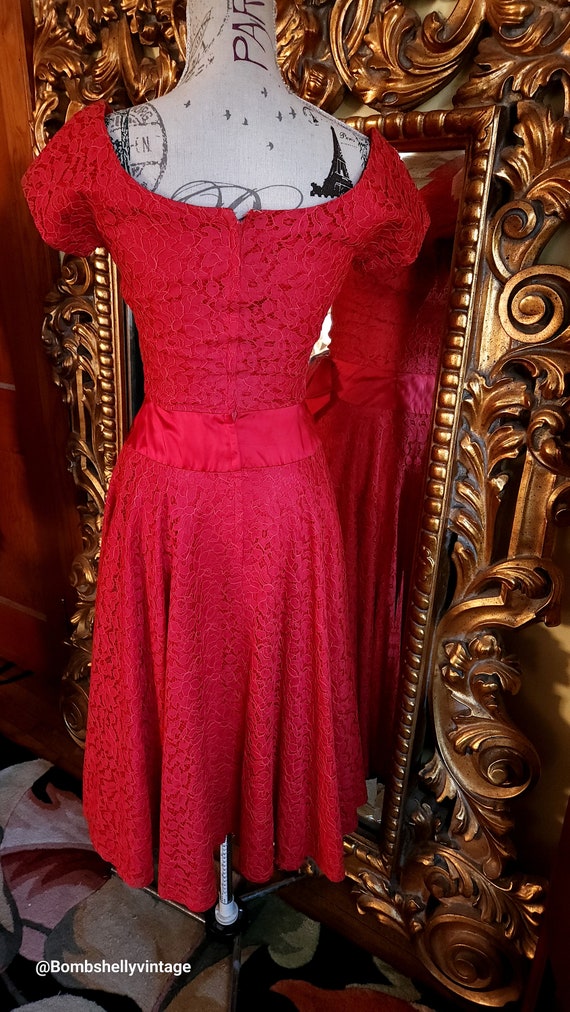 Vintage 50's Red Lace Fit and Flare Party Dress - image 8