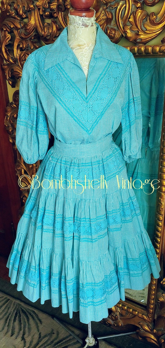 Vintage 50's Blue Gingham Check Patio Skirt Set wi