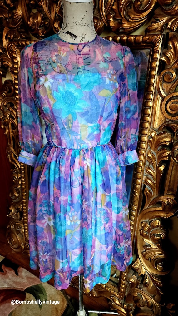 Vintage 60's Blue and Purple Floral Chiffon Fit an