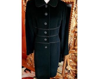 Vintage 90's Oscar de la Renta Black Wool/Angora Coat with Black Braided Trim