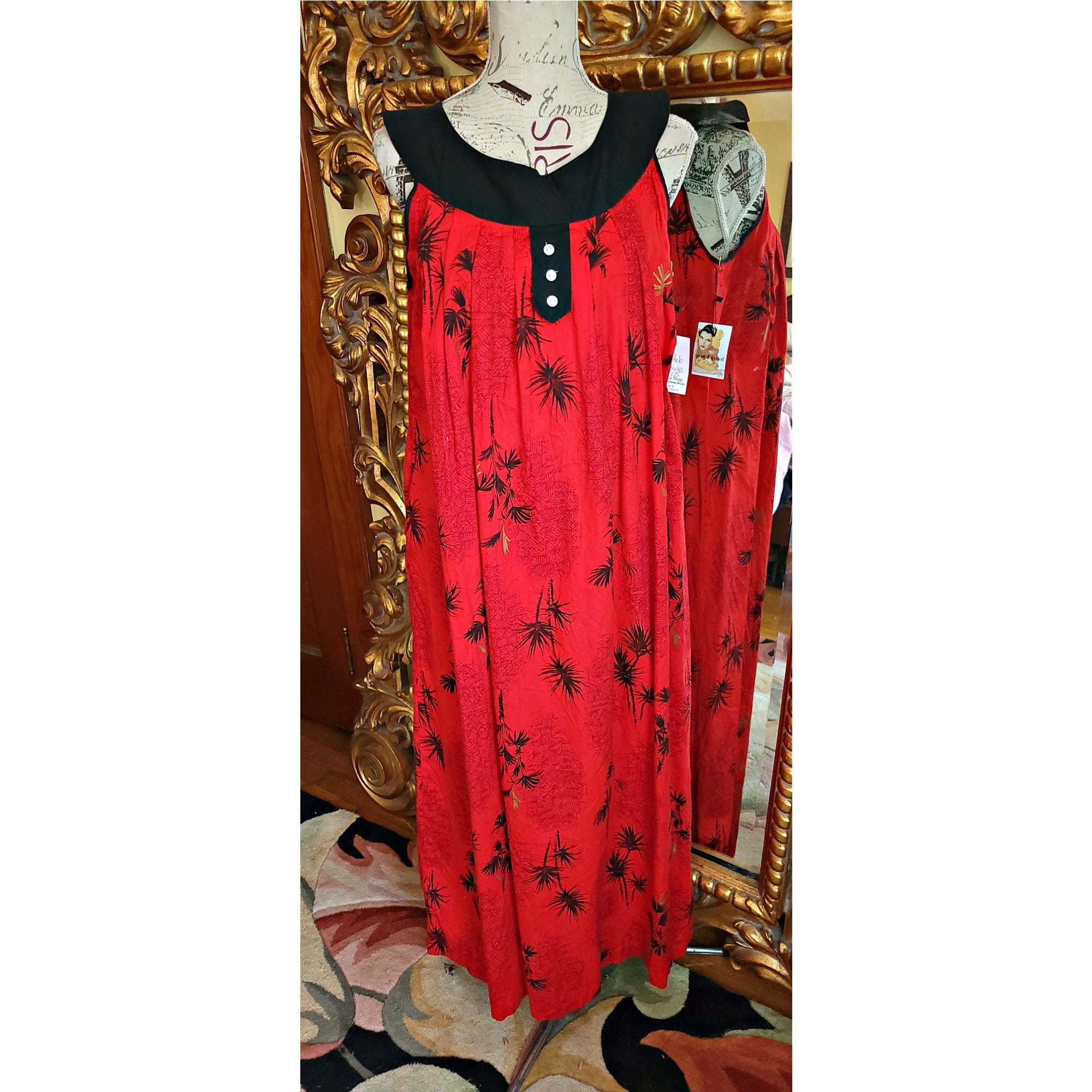Vintage 50's Holo-Holo Red and Black Long Hawaiian Tiki Dress