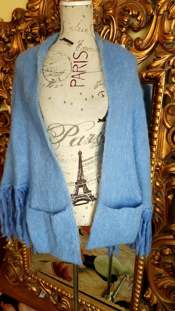 Vintage 70's Blue Mohair Shawl with Fringe and Poc