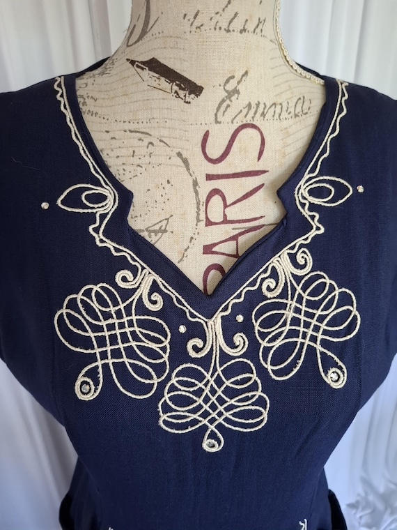 Vintage 40's Navy Blue Linen Embroidered Dress wi… - image 5