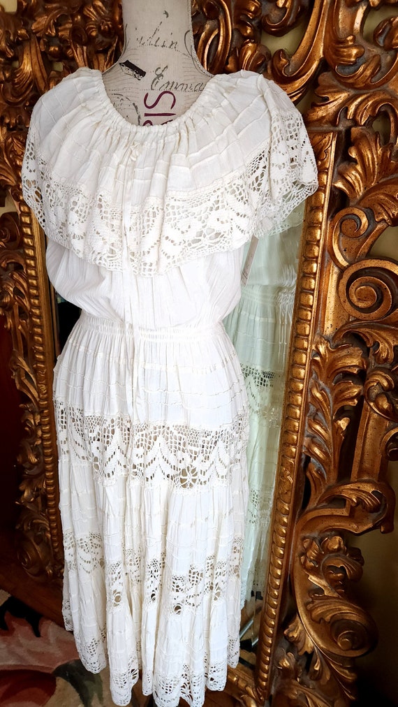 Vintage 70's White Cotton Mexcian Peasant Dress - image 1