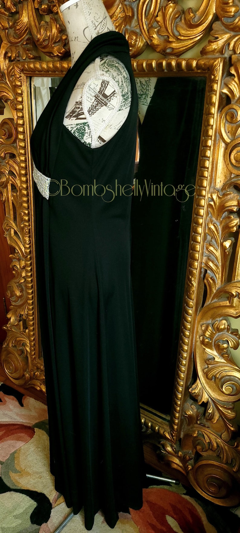 Vintage 70's Julie Miller Black Goddess Gown with Metallic Trim image 4