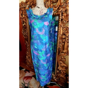 Vintage 60's Casual Aire Blue and Pink Floral Hawaiian Maxi Dress