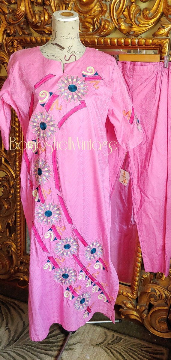 Vintage Indian Pink Cotton Embroidered Salwar Kame