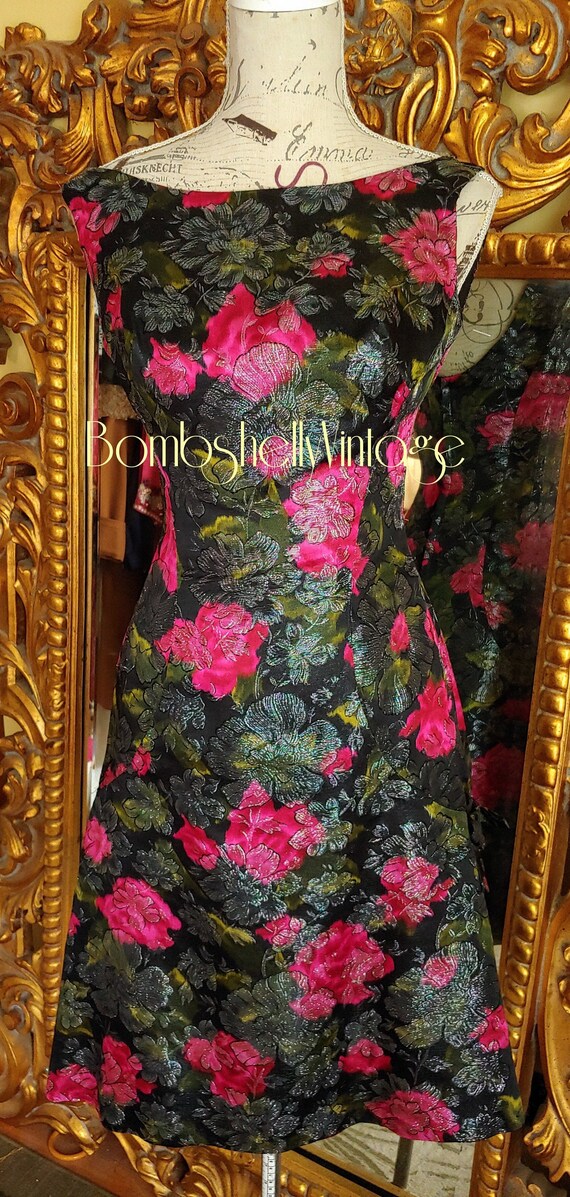 Vintage 50's Black and Pink Metallic Floral Brocad
