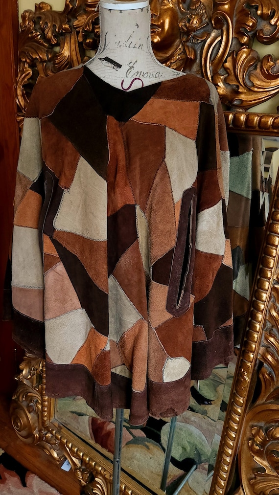 Vintage 70's Suede leather Brown Patchwork Poncho