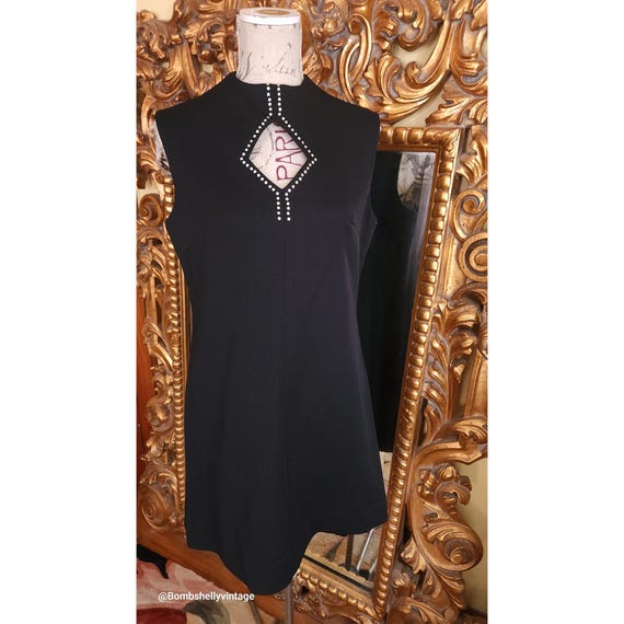 Vintage 60's Black Mod Dress With Keyhole Neckline and Rhinestone