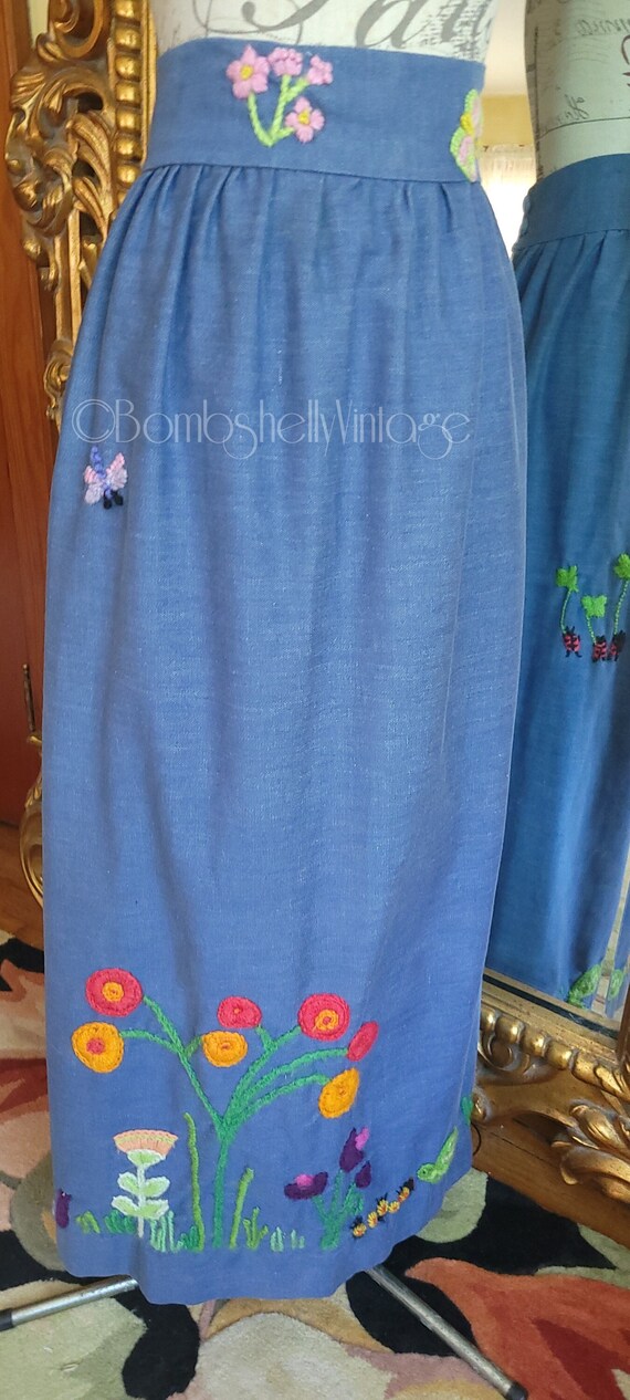 Vintage 70s Hand Embroidered Blue Maxi Skirt - image 1