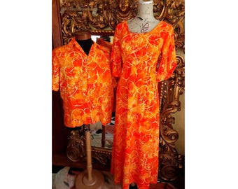 Vintage 60's Hawaii Nei Orange  and Yellow Hawaiian Honeymoon Set Matchy Matchy His & Hers
