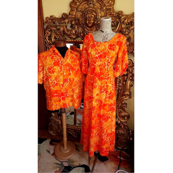 Vintage 60's Hawaii Nei Orange and Yellow Hawaiian Honeymoon Set Matchy Matchy His & Hers