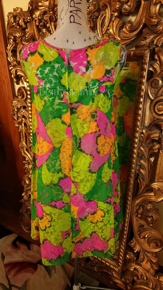 Vintage 60's Neon Flocked Mod Shift Dress - image 3