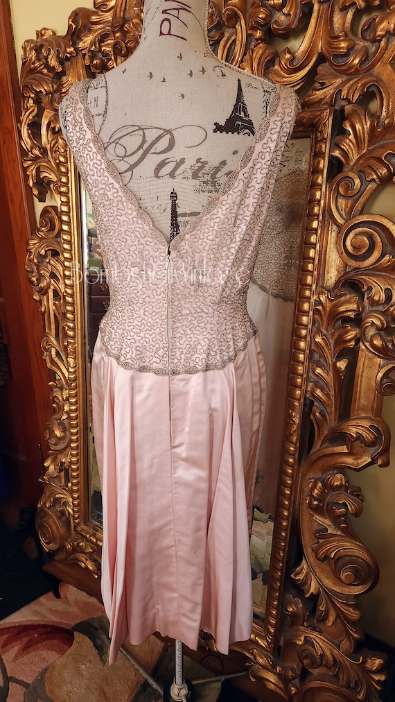 Vintage 50's Pink Silk Heavily Beaded Cocktail Dr… - image 2