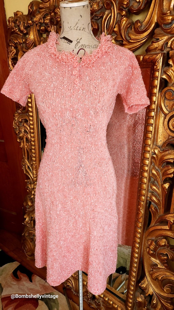 Vintage 70's Coral Boucle Hand Knit Dress with Fri