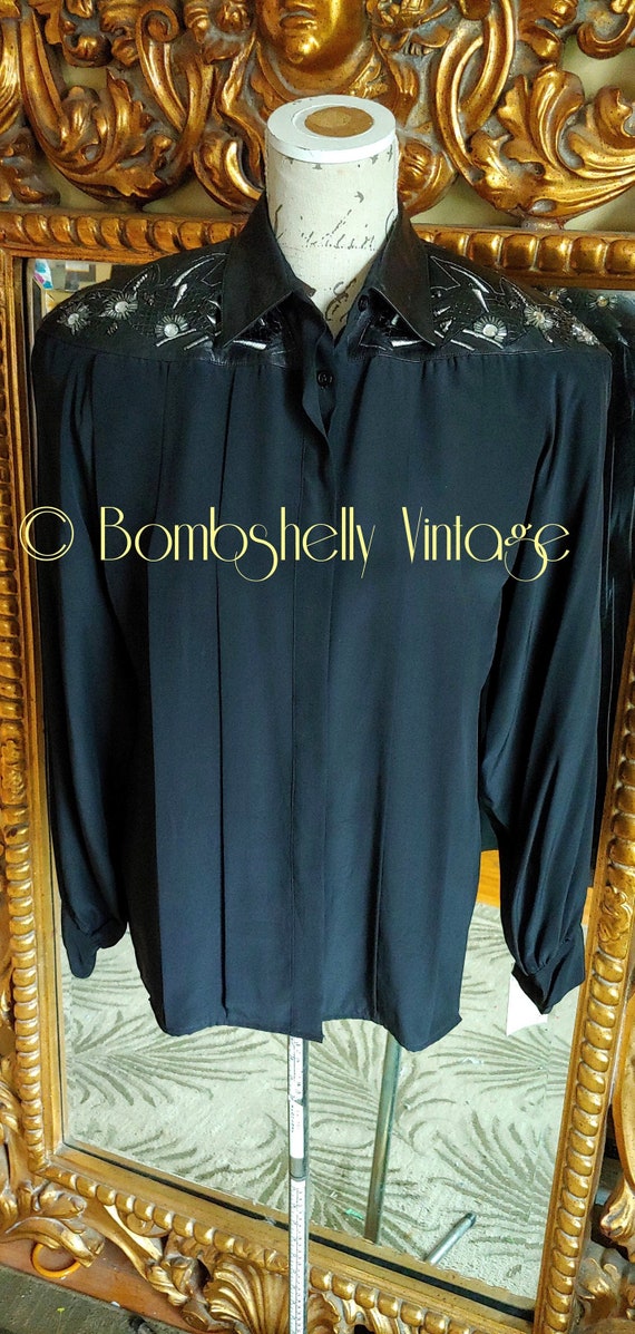 Vintage 80's Cedars Black Silk Blouse with Leather