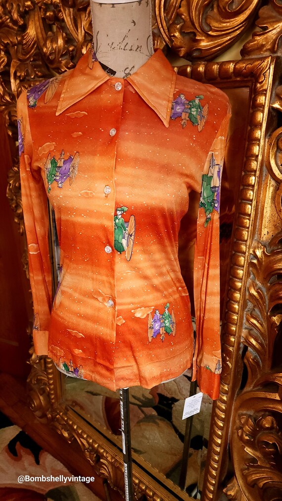 Vintage 70's Sears Fashions Orange Novelty Print D