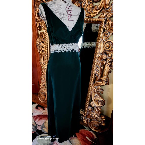 Vintage 60's Mike Benet Formals Deep Green Velvet Gown with Silver Trim and Beading New Old Stock