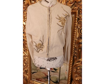 Suéter beige vintage de Jo Ro de lana de cordero y cuentas de angora de los años 50