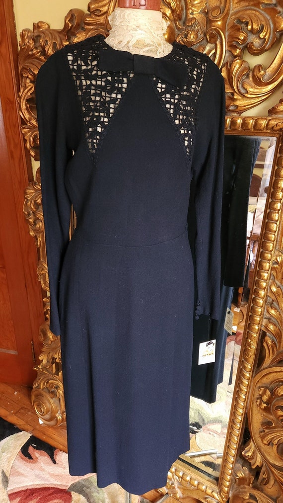 Vintage 30's Navy Blue Wool Knit Dress with Croche