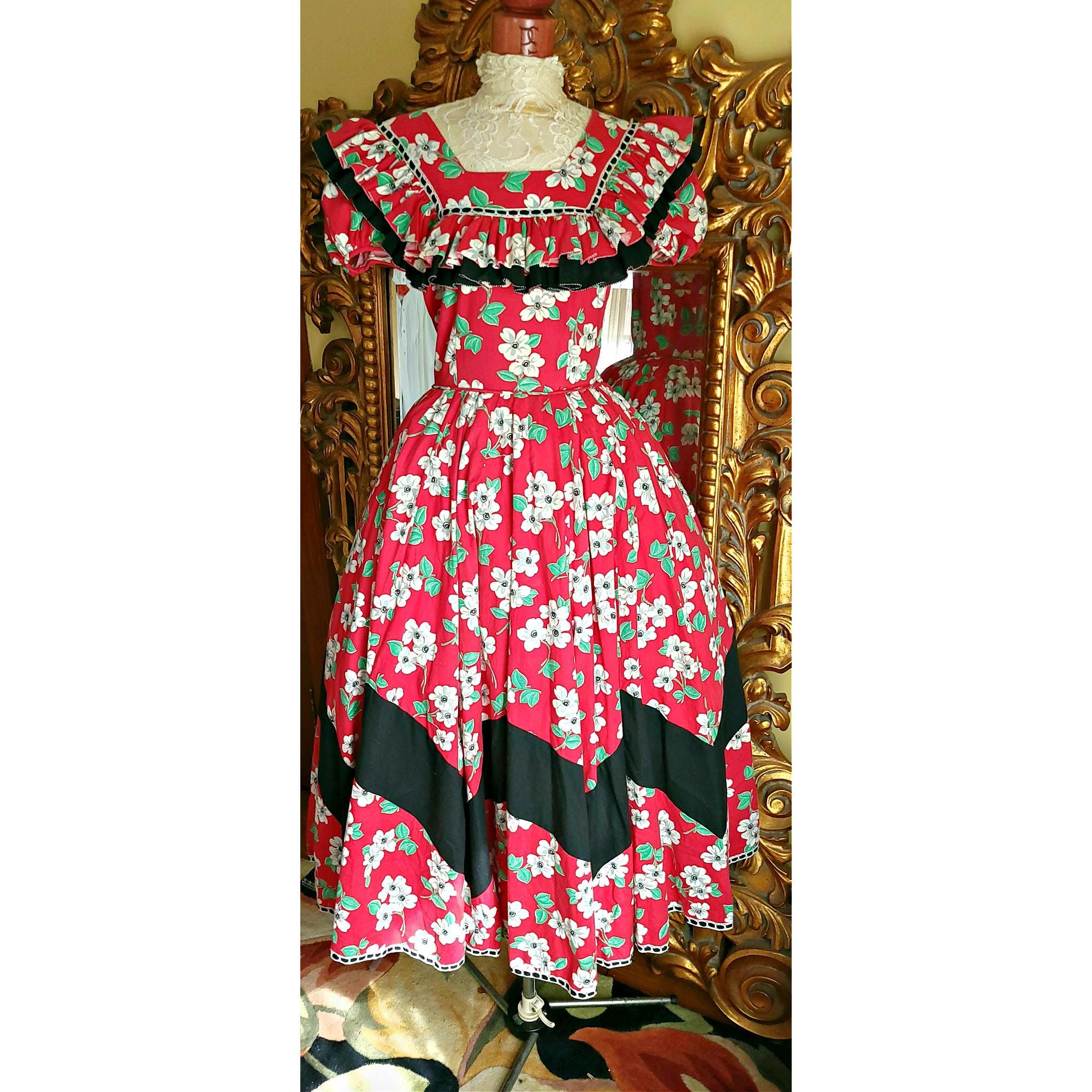 Vintage 40's Donnell's Of Denver Red Dogwood Print Cotton Barn Dance Square Dress