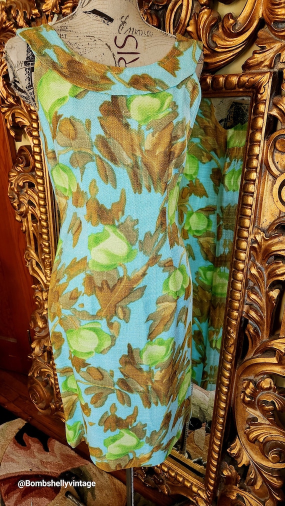 Vintage 60's Blue and Green Floral Linen Sheath Dr