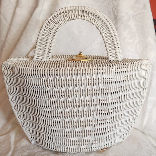 Vintage 50's Large White Wicker Handbag