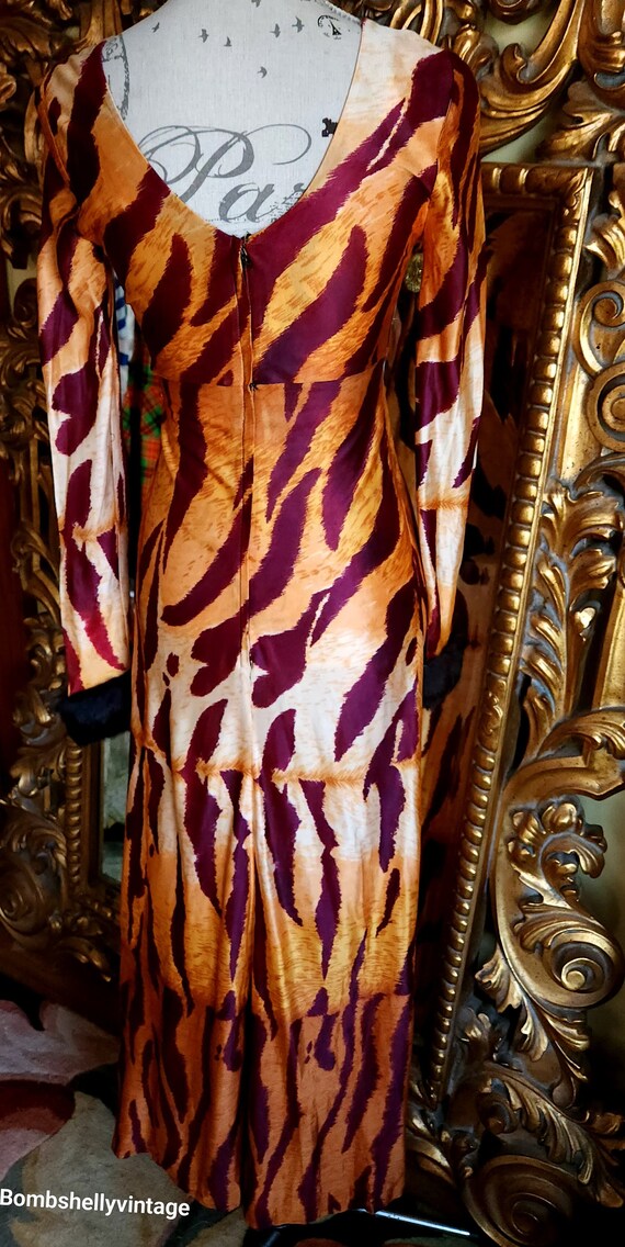 Vintage 70's Tiger Stripe Maxi Dress with Rabbit … - image 3