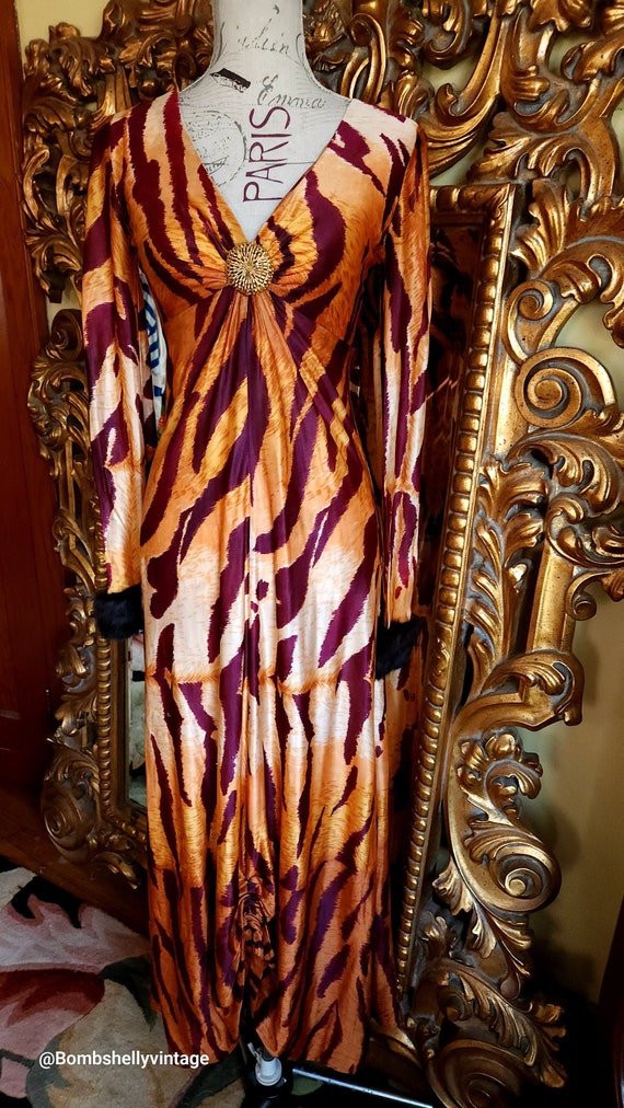 Vintage 70's Tiger Stripe Maxi Dress with Rabbit F
