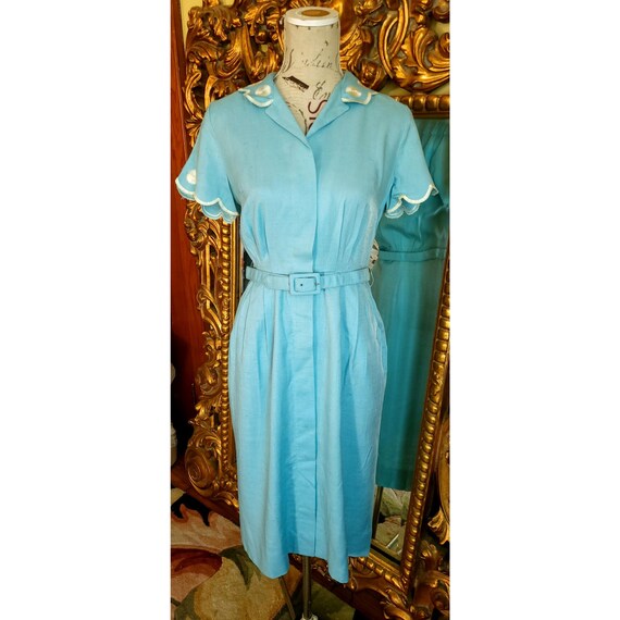 Vintage 50 s Alexanders of California Baby Blue Linen Day Dress with Embroidery and Belt