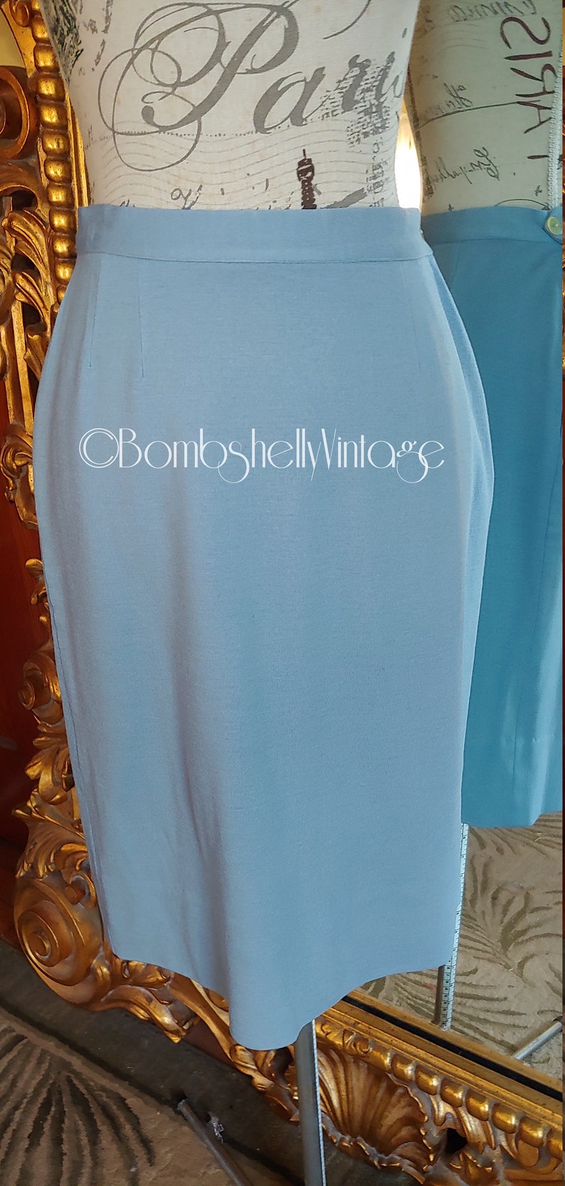 Vintage 50/'s Light Blue Wool 2 piece Sweater Skirt Set with Pink Satin Collar and Ribbon Trim