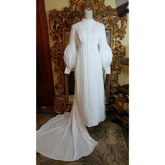 Vintage 70 's White Velvet Wedding Gown with Pearls and Cathedral Length Veil