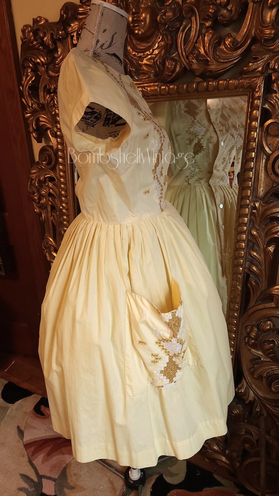 Vintage 50's Yellow Cotton Embroidered Day Dress … - image 4