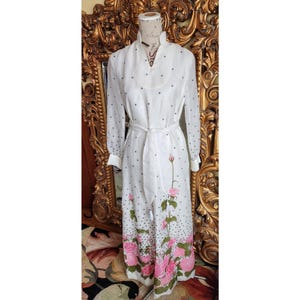 Vintage 70&#39;s Alfred Shaheen White and Pink Polka Dot and Floral Max Dress with Tassle Belt